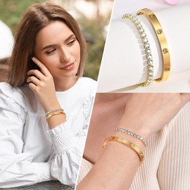 Gold Bracelets for Women - 2Pcs 18K Gold Plated Love Cubic Zirconia Bangle Crystal Friendship Bracelet Jewelry,Wedding Party Christmas Valentine's Day Birthday Gifts for Her Girlfriend Sister