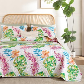 Luxudecor Tropical Plants Quilt Set Queen Size 3 Pieces Green Blue Pink Palm Leaves Bedspread Rainforest Style Coverlet Soft Lightweight Bedding Set Cover All Season 96"x90"