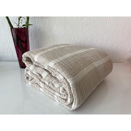 100% Cotton Muslin Striped Throw Blanket, 4 Layers Bedspread, Soft Turkish Cotton Muslin Bed Cover, Reversible Coverlet, Mink (Two Pillowcase 20x30)