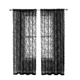 MYAYD Lace Curtain, Pack of 2 Kitchen Curtains, Floral Embroidered Curtains, Knitted Jacquard Curtain for Bedroom, Living Room, Gauze, Retro Style, Vintage W 150 x H 200 cm (Black)
