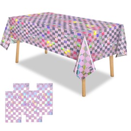 OQOQ Checkered Iridescent Tablecloth (4 Packs，Pink Silver) - Rectangular Plastic Table Cover Disposable Table Cloth Pink Birthday Decorations Waterproof Foil Tablecloth Bachelorette Party 54x108 Inch