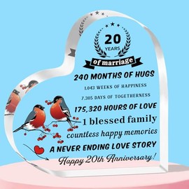QMVMV 20th Anniversary Acrylic Plaque for Him and Her - 20th Wedding Anniversary Present for Couple - Unique Heart-Shaped Acrylic Plaque for 20 Anniversary