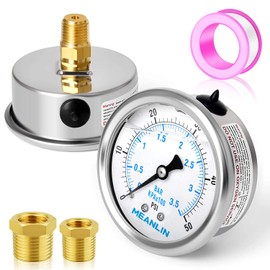MEANLIN MEASURE 0~50Psi Stainless Steel 1/4" NPT 2.5" FACE DIAL Liquid Filled Pressure Gauge WOG Water Oil Air Center Back Mount, with 1/4" x 1/2" NPT and 1/4" x 3/8" NPT Hex Bushing