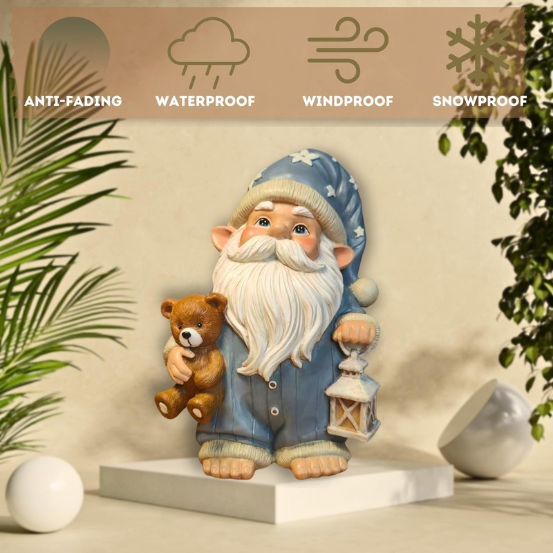 Sleepy Bedtime Gnome Statue, Charming Gnome Holding Cuddly Bear and
