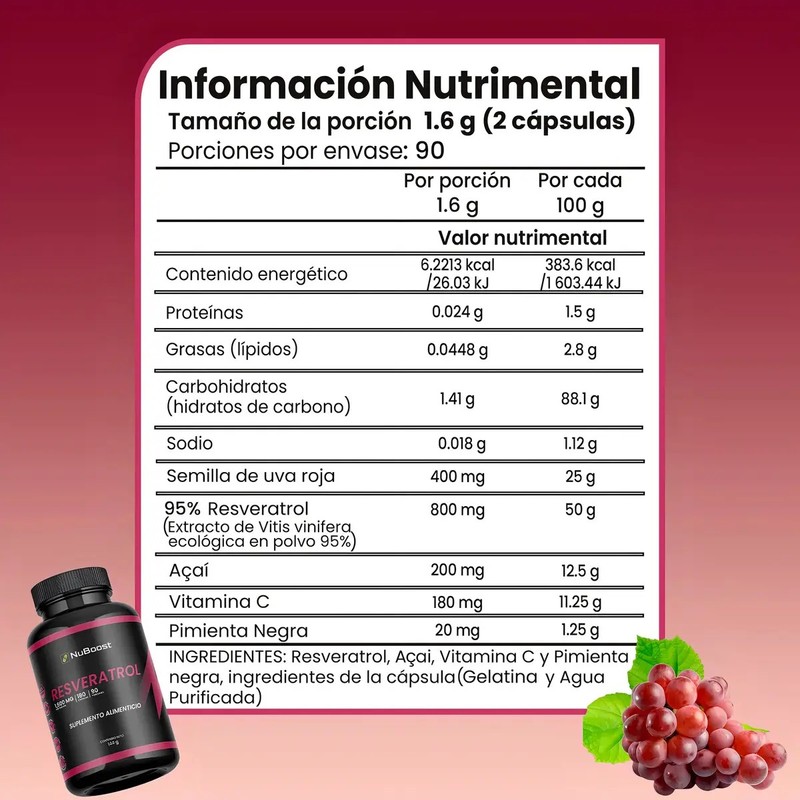Suplemento Resveratrol 800mg Vitamina C Nuboos 180 Cápsulas Veganas