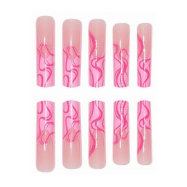MISUD Press on Nails Long Square Fake Nails Glossy Glue on Nails Pink French Tip Acrylic Nails Squoval Artificial Nails Bling Glitter Swirl Stick on False Nails with Design 24 pcs