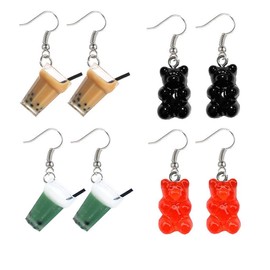 Daimay 4 Pairs Gummy Bear Earrings Set and Bubble Boba Tea Dangle Earrings Set Water Bottle Charm Earrings Acrylic Drink Bottle Dangle Drop Earrings Set Creative Unique for Women Girls