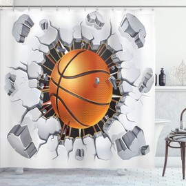 Ambesonne Deportes Cortina de Baño, Baloncesto Romper el Muro, Paño Conjunto de Decoración de Baño de Tela y Ganchos, 84" Extra Alta, Pale Grey Naranja Negro