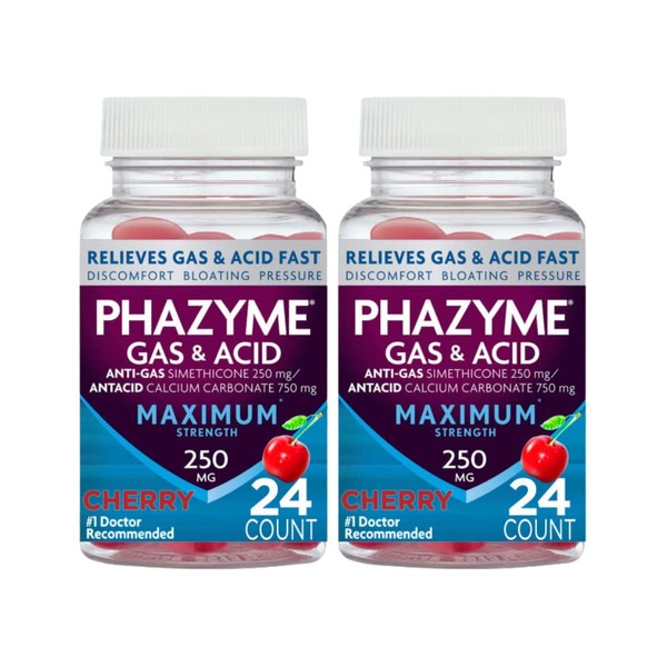 Phazyme Maximum Strength Gas & Acid Relief, Works Fast, Cherry Flavor (24 Count (Pack of 2))