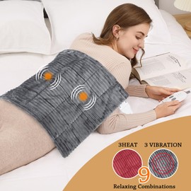 Weighted Heating Pad with Massager Electric Heating Pad for Back with Massaging Vibration, 3 Heating Levels & 3 Massage Types, XXXL Large Size Heating Pad, 33” x 17”, Grey