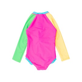 RuffleButts Girls UPF50+ Sun Protection Front Zipper Long Sleeve Rash Guard One Piece Swimsuit - Neon Color Block, 5