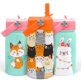 Cat Water Bottle - Kids Water Bottle with Straw Lid - 12 Oz Insulated Stainless Steel Water Bottles for Toddlers Kid Boys Girl - Travel Cup for School Sports