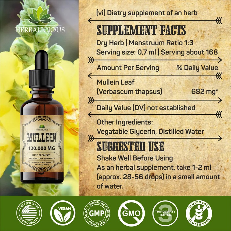 HERBALICIOUS Mullein Drops for Lungs – Organic Lung Cleanse Supplement