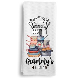 Qeheb Grammy Gifts Kitchen Towels, Grammie Gifts for Mother's Day Birthday from Grandkids Grandson Granddaughter Dish Tea Towels, Memories Begin in Grammy's Kitchen Decorative Hand Towels, 16X24In