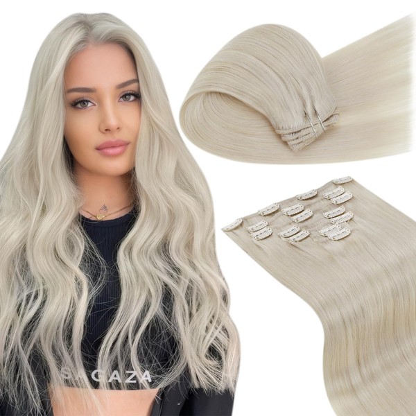 LaaVoo Clip-In Real Hair Extensions, Blonde, Remy Straight Hair Extensions, Platinum Blonde #60, Double Wefts with Clip, Full Head, Natural Extensions, 120 g, 7 Pieces, 35.6 cm