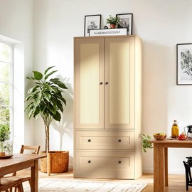 DIYART Rattan Oak Kitchen Pantry Cabinet, 64.2" Tall Storage With Doors and Drawers, Freestanding Wooden Cabinet for Dining Room