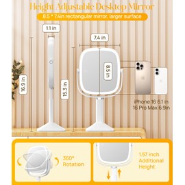 Gospire Rectangle Lighted Makeup Mirror with Lights and 1X/7X Magnifying Mirror, Height Adjustable and 4000mAh Rechargeable for Bedroom, 8.5”x7.4” Large Surface, Stepless Dimming - White