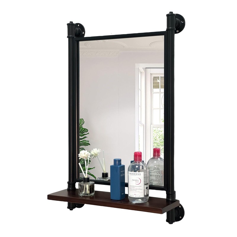 OLDRAINBOW Industrial Pipe Mirror Wood Shelves,Bedroom Mirror with Shelf,Rectangle Iron