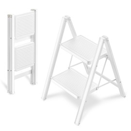 2 Step Ladder Folding Step Stool, OOSOFITT 330 Lbs Load Heavy Duty Stepping Stool for Adults, Small Two Step Ladder for Kitchen/Closet/Home Foldable, Lightweight Indoor Ladders with Wide Pedal White