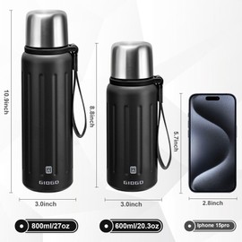 Vacuum Insulated Thermo Flasks with Cup 800ml/27oz Stainless Steel Thermo Bottles for Cold and Hot Drinks Water Coffee Flask with Cup (Black,800ml)