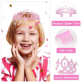 Leixi 5th Birthday Decorations for Girls,Pink Birthday Sash and Crown Tiara Set,Happy 5th Birthday Party Supplies (Pink 5th)