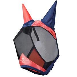 Harrison Howard Pro Luminous Horse Fly Mask Large Eye Space Half Face with Ears UV Protection for Horse Coral Orange/Navy M