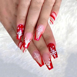 Pvoiue Christmas Press On Nails Long Coffin, 24pcs Christmas French Tip Press On Nails Long With Snowflake Designs Red Coffin False Fake Nails Artificial Nails For Women (Xmas Conffin)