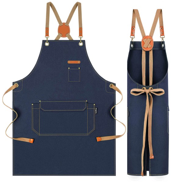 Genixart Chef Apron for Men Women with Pockets, Cotton Canvas Apron for Kitchen Cooking Baking Artist Painting, Cross Back Work Aprons for Shop, Garden, Restaurant, Cafe, Barista, M to XXL (Blue)