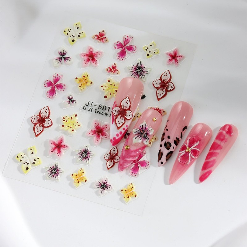 4 Blätter farbenfrohe 3D Blumen-Nagel-Sticker, selbstklebend, Nagelkunst-Design-Zubehör, hohe Qualität