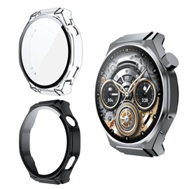 Fhyeugfy for Honor Watch 5 Ultra Case,[2 Pack] Hard PC Case with Tempered Glass Screen Protector,Ultra-Thin Scratch Resistant Cover -Clear+Black