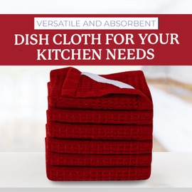Dish Cloths Cotton| Dish Towels Absorbent and Lint Free Waffle Weave| Dishcloths for Kitchen Washing Dishes| Fast Drying Dish Rags| 6 Pack 12 Inch x 12 Inch Red - Classic Waffle