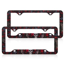 FantasHome Stainless Metal Car License Plate Frame Covers with 4 Holes - 2 Pack with Unique Designs, Standard Size for U.S. and Canada (Rose & Skull)