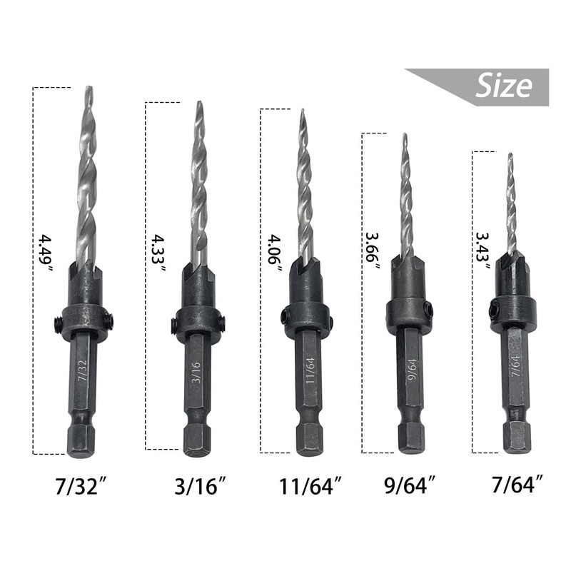 Saipor 5pcs Wood Tapered Countersink Drill Bit Set Hex Shank