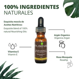 Rusens - Aceite Regenerante y Antiedad de Argán Orgánico y Rosa mosqueta 100% natural, Disminuye Líneas de Expresión y Regenera la Piel