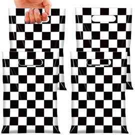 50 Pcs Black and White Checkered Race Car Party Favor Bags, Plastic Black and White Car Goodie Treat Bags, Racecar Buffalo Plaid Candy Gift Bags for Kids Fast Race Car Birthday Party Decorations