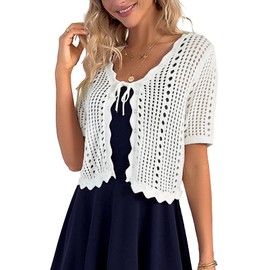 Kate Kasin Women White Shrug for Dress Knitted Crochet Shrug Sweater Short Sleeve Cropped Cardigan Summer M