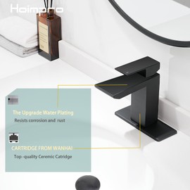 Hoimpro Matte Black Waterfall Single Hole Bathroom Faucet with 6" Deck Plate, Stainless Steel Bathroom Sink Faucet with Pop-up Drain, Rv Vanity Vessel Faucet with Supply Lines, Matte Black