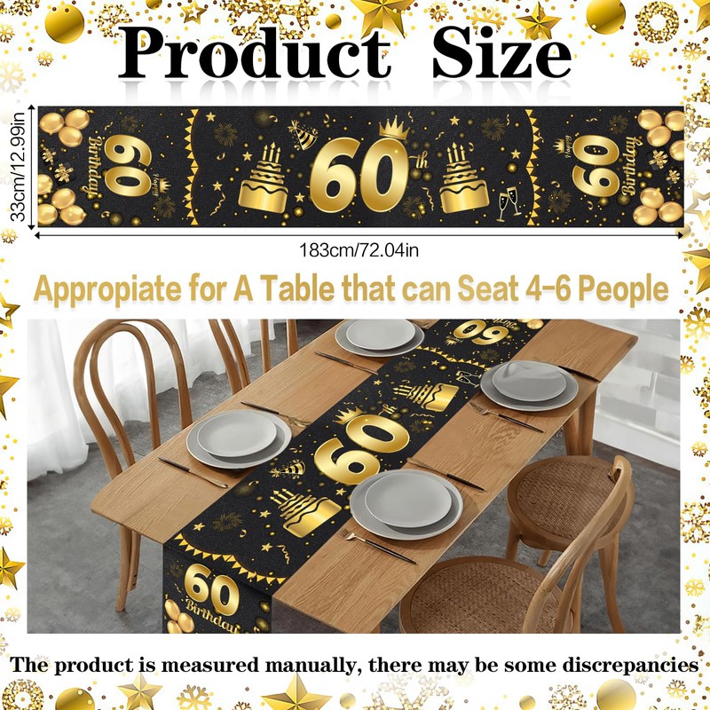 60th Birthday Table Runner, Black Gold Party Birthday Table RunnerTablecloth