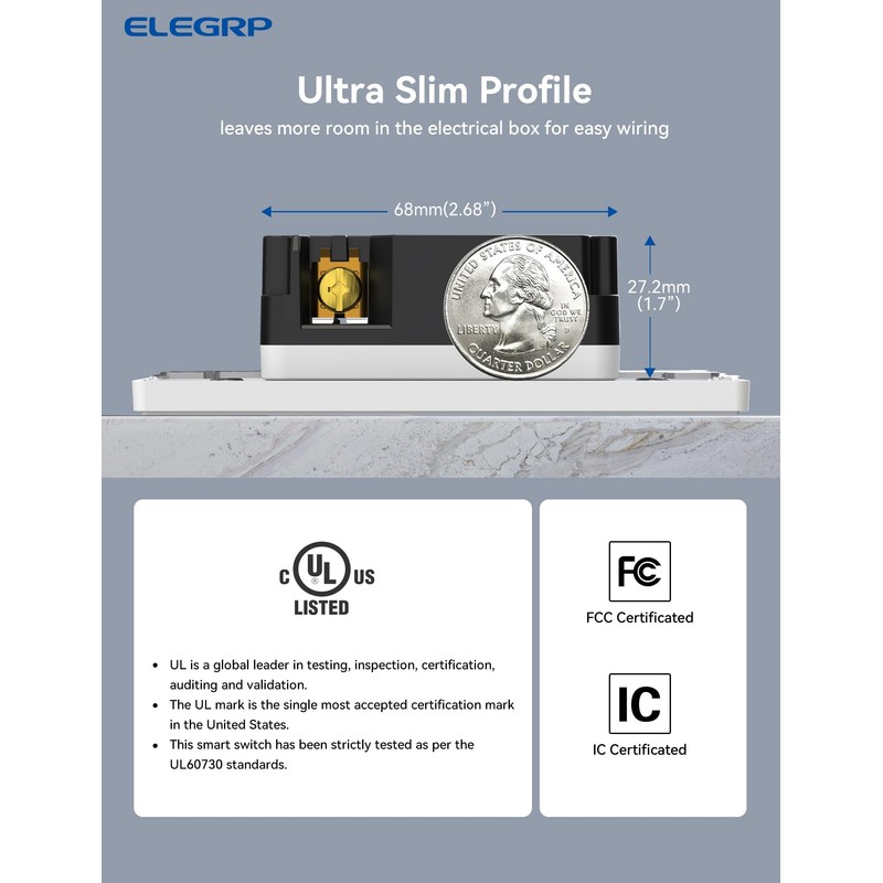 ELEGRP Smart in-Wall Outlet, 2.4GHz Wi-Fi Smart Receptacle Compatible with