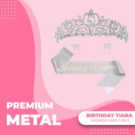 Papoopy Birthday Tiara and Crown with Sash for Women, Hair Accessories for Wedding Party Costume (C- Silver)
