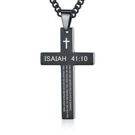 REVEMCN Inspirational Bible Verse Cross Necklace for Men Boys, Stainless Steel Plain Black Silver Cross Pendant Necklace for Men 20-24 Inches Curb Chain Faith Jewelry Gift (Isaiah 41:10 - Black, 20)