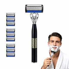 GUIBELL Rastrillo Manual para Hombres, Afeitadora con Cuchillas Calidad | Afeitado facial y corporal para hombres, 7 cuchillas, mango acero inoxidable, 9 hojas repuesto