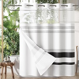 AmazerBath No Hook Shower Curtain and Liner Set, Shower Curtain with Liner and Hooks Built-in Less Time, Heavy Double Waterproof Farmhouse Shower Curtain Set for Bathroom, Black Stripe, 74"x72"