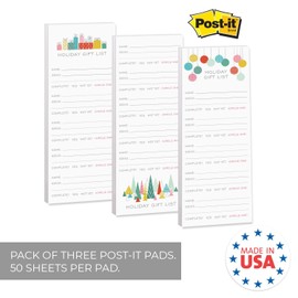 Modern Holiday Gift Checklist Assortment/Set of 3 Colorful Christmas List Note Pads / 3" x 8" Gift Trackers / 50 Sheets Per Pad/Made in USA