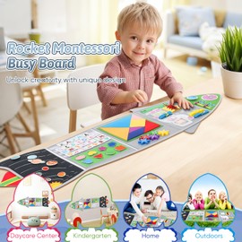 Joyibay Montessori Busy Board for Toddlers 3-6 Years, Rocket Sensory Wall Toy with 12+ Fine Motor Activities, Foldable Felt Sensory Activity Board, Wall Mounted Space Theme Learning Toy for Kids