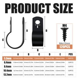 Pack of 120 Cable Clamps Black 5.3 mm R Type Cable Holder Screwable with 120 Pieces Screws Cable Clamps for Screwing Cable Clips Screwable Nylon Cable Holder for Wire Management Cable Management