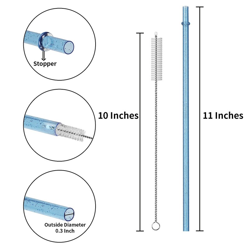 12-Pack Glitter Reusable Colorful Plastic Straws, 11 Inches Clear BPA-Free