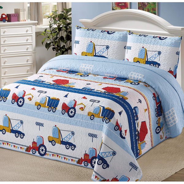 Kids Zone Home Linen 2pc Twin Bedspread Coverlet Quilt Set for Boys Construction Work Road Trucks Blue Red Yellow