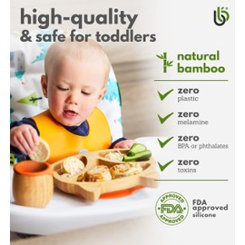 bamboo bamboo Baby Plate and Toddler Plate, Suction Plate for Feeding and Weaning, Bamboo Fox Plate with Secure Suction, Suction Plates for Babies from 6 Months (Fox, Cherry)