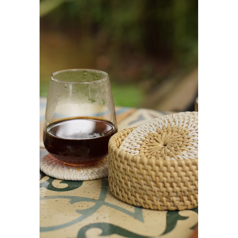 L.Bo Ethnic Handwoven Rattan Coasters Set, 6 Pieces with Holder,